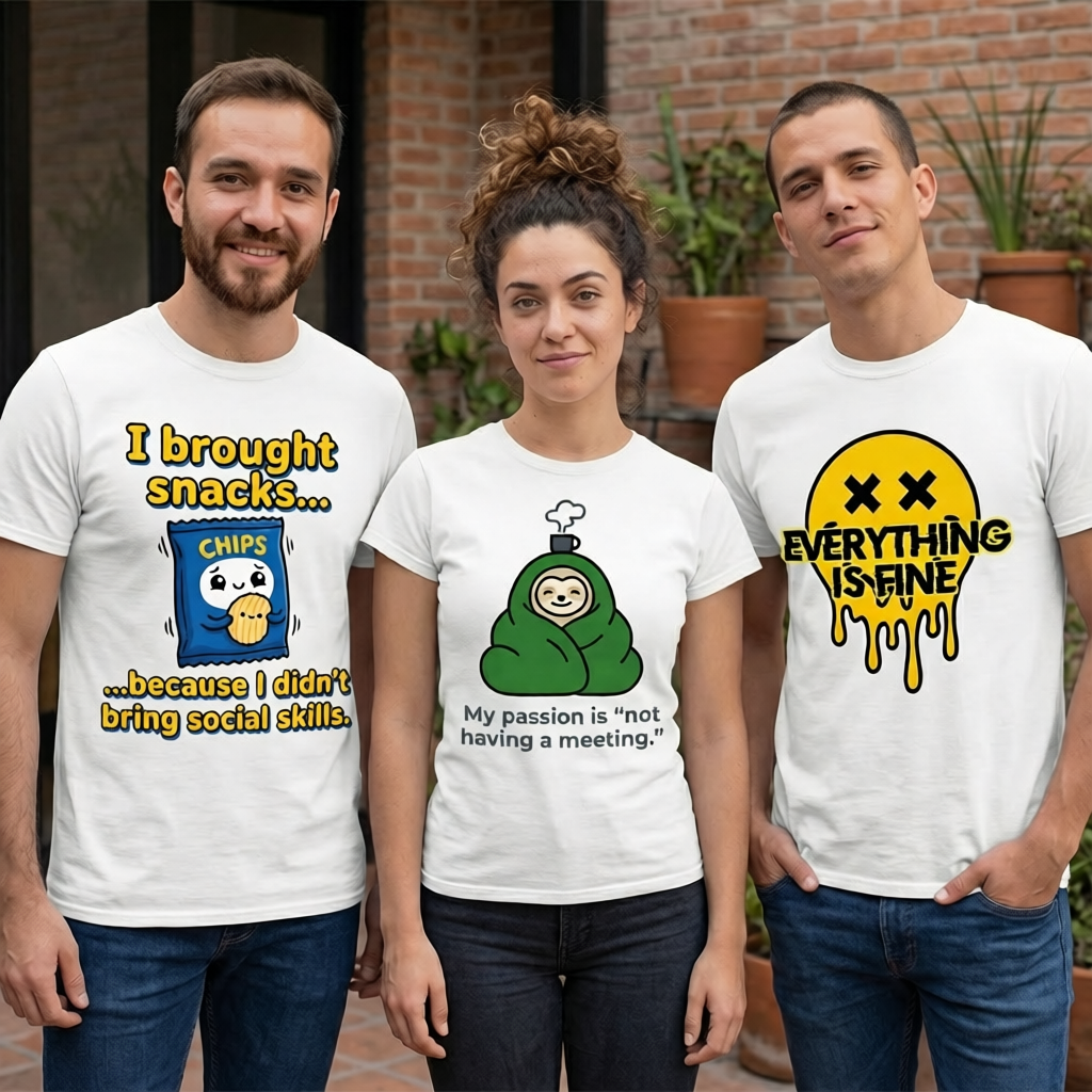 2 men and a woman standing together wearing funny graphic t-shirts